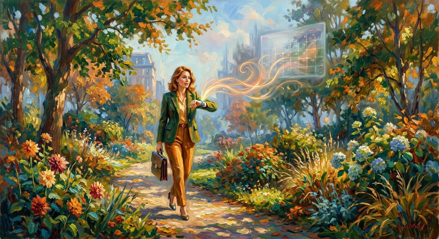 A Monet-style impressionist painting of a professional speaking into a smartwatch, with golden voice waves transforming into a calendar interface amidst a warm, sun-dappled green and amber background.