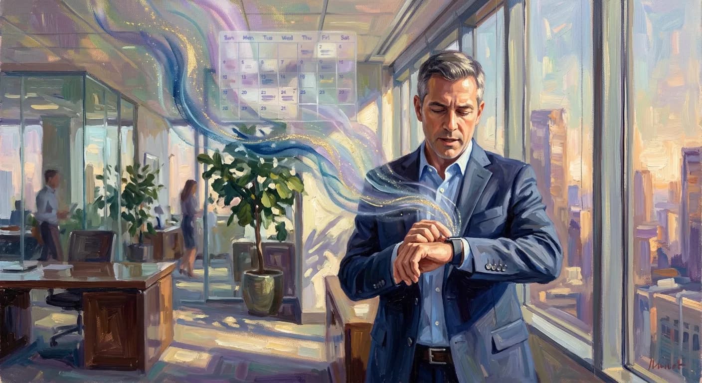 A Monet-style impressionist illustration of a professional using voice commands on a smartwatch to manage a floating, artistic calendar grid in a light-filled room.