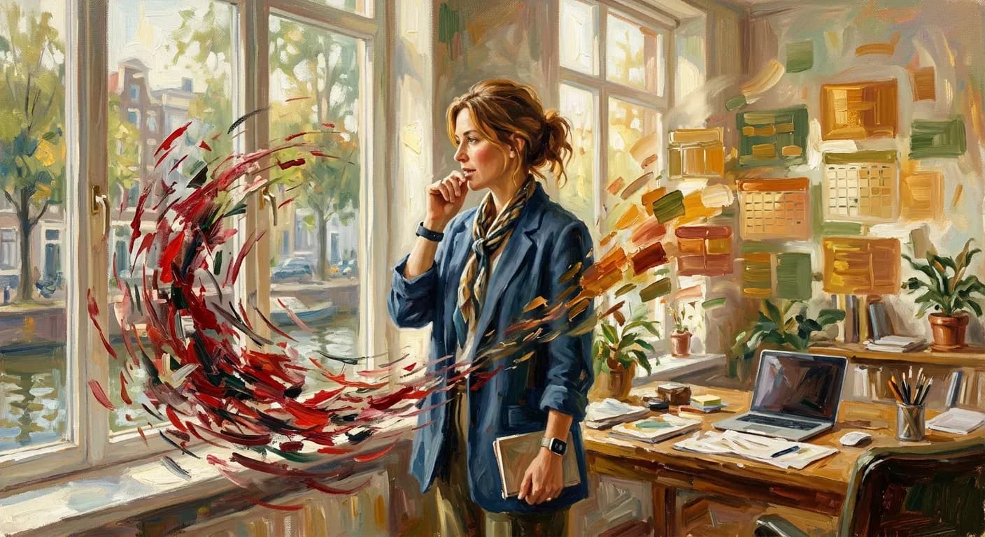 A Monet-style impressionist illustration of a professional speaking into a smartwatch, showing chaotic red task elements transforming into an organized golden calendar through soft, artistic brushstrokes.