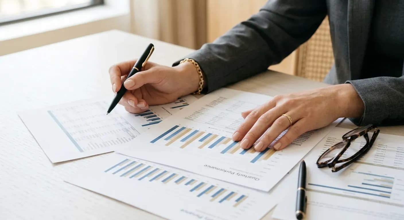 A professional reviewing financial charts and cost analysis documents on a clean desk to compare pricing.