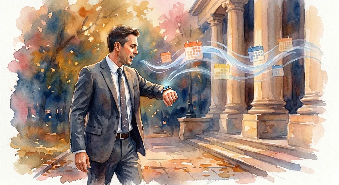 A Monet-style impressionist illustration of a lawyer speaking into a smartwatch while walking past a courthouse, with glowing voice waves and calendar icons floating in the air.